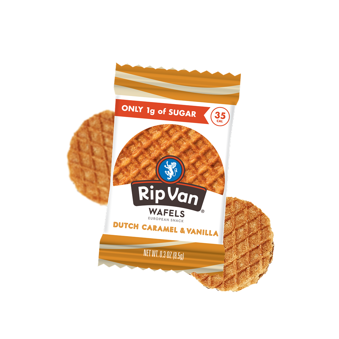 Packaging of Rip Van Wafels with Dutch caramel and vanilla flavor.