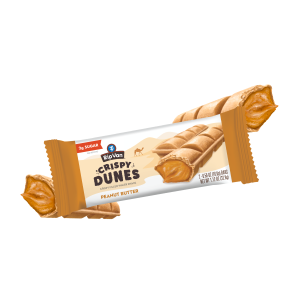Peanut butter wafer snack packaging labeled 'Crispy Dunes.'