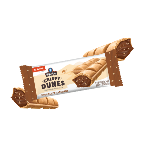 Chocolate hazelnut filled wafer rolls with packaging labeled 'Crispy Dunes' by Rip Van.