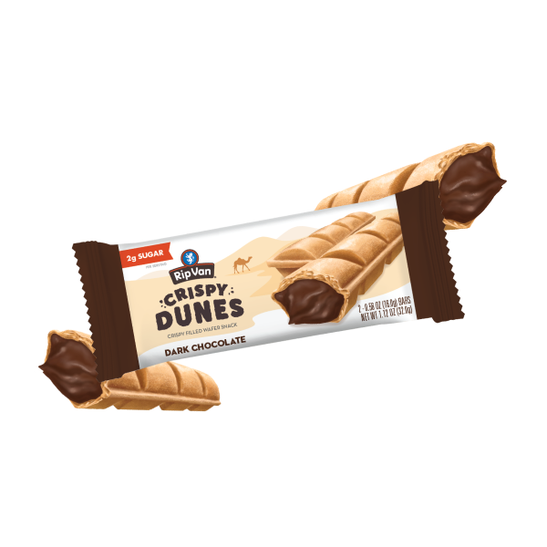 Rip Van Crispy Dunes dark chocolate wafer snack packaging.