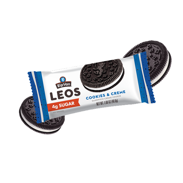 Packaged cookies and creme sandwich cookie labeled Rip Van Leos.