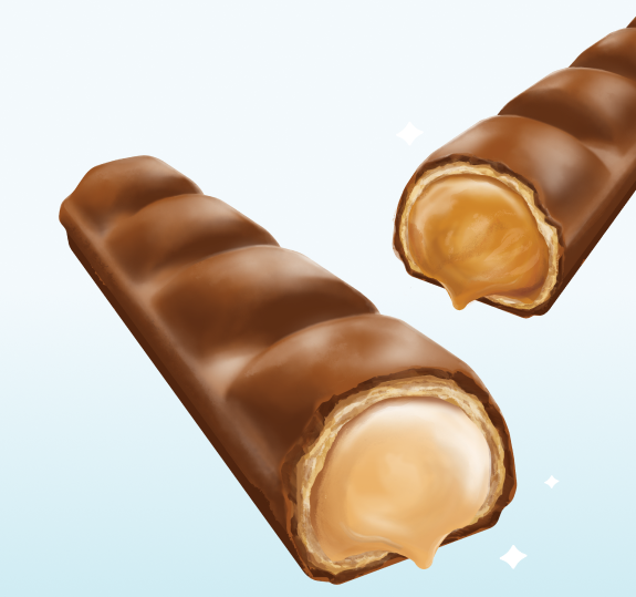 Illustration of a chocolate bar with caramel and cream filling, on a light blue background.