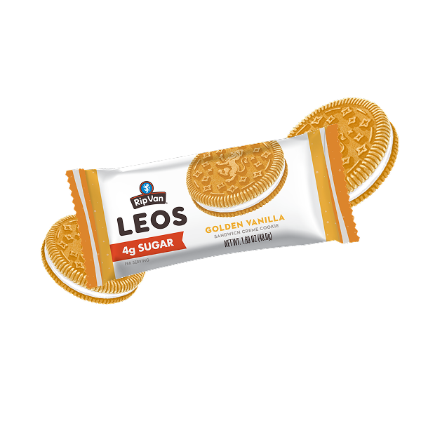 Package of Rip Van Leos golden vanilla sandwich creme cookies with cookies visible.