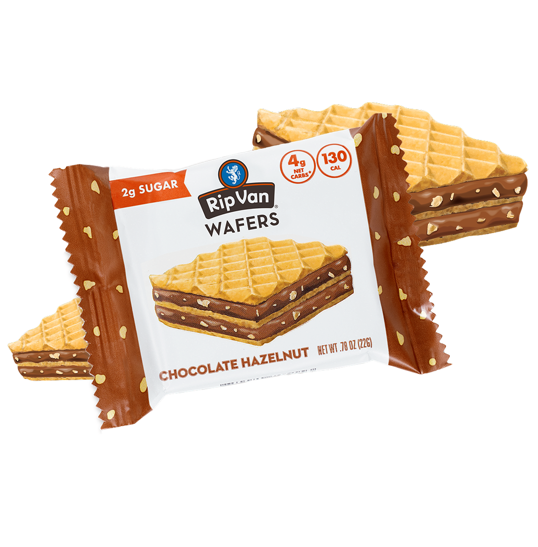 Package of Rip Van chocolate hazelnut wafers with wafers shown outside the packaging.