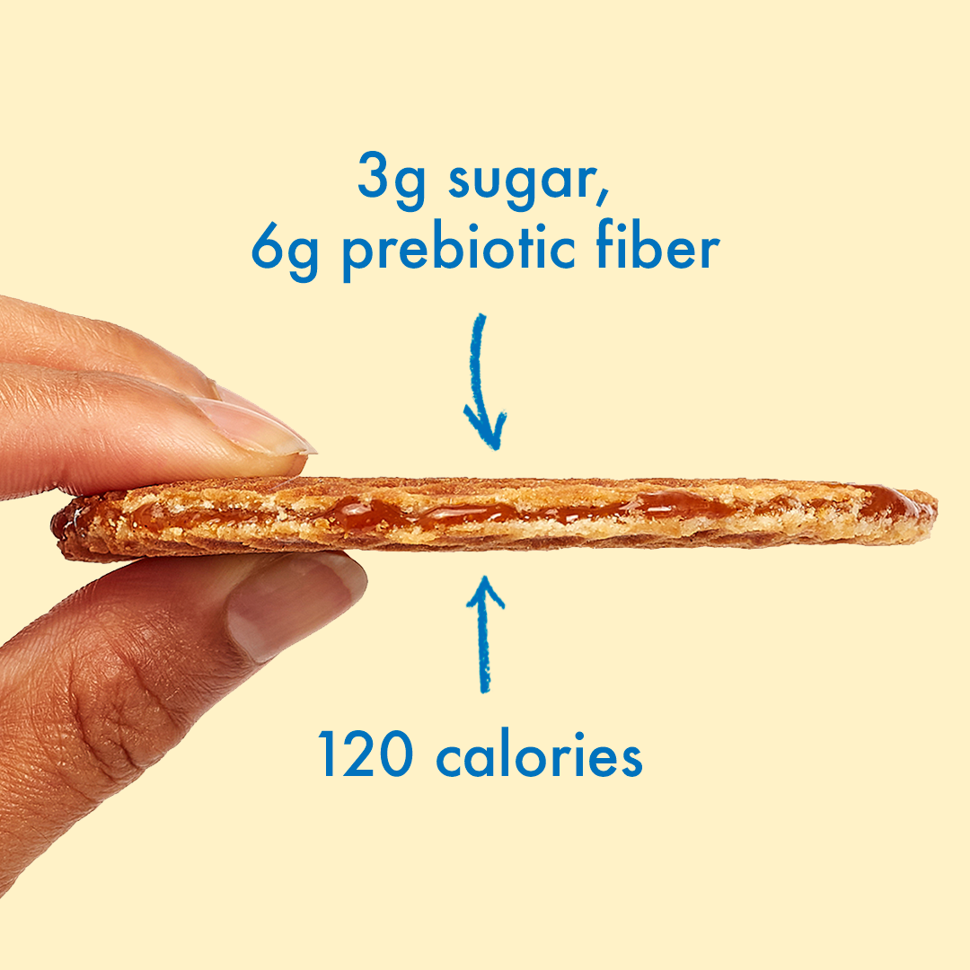 Hand holding a thin cookie with nutritional information text.