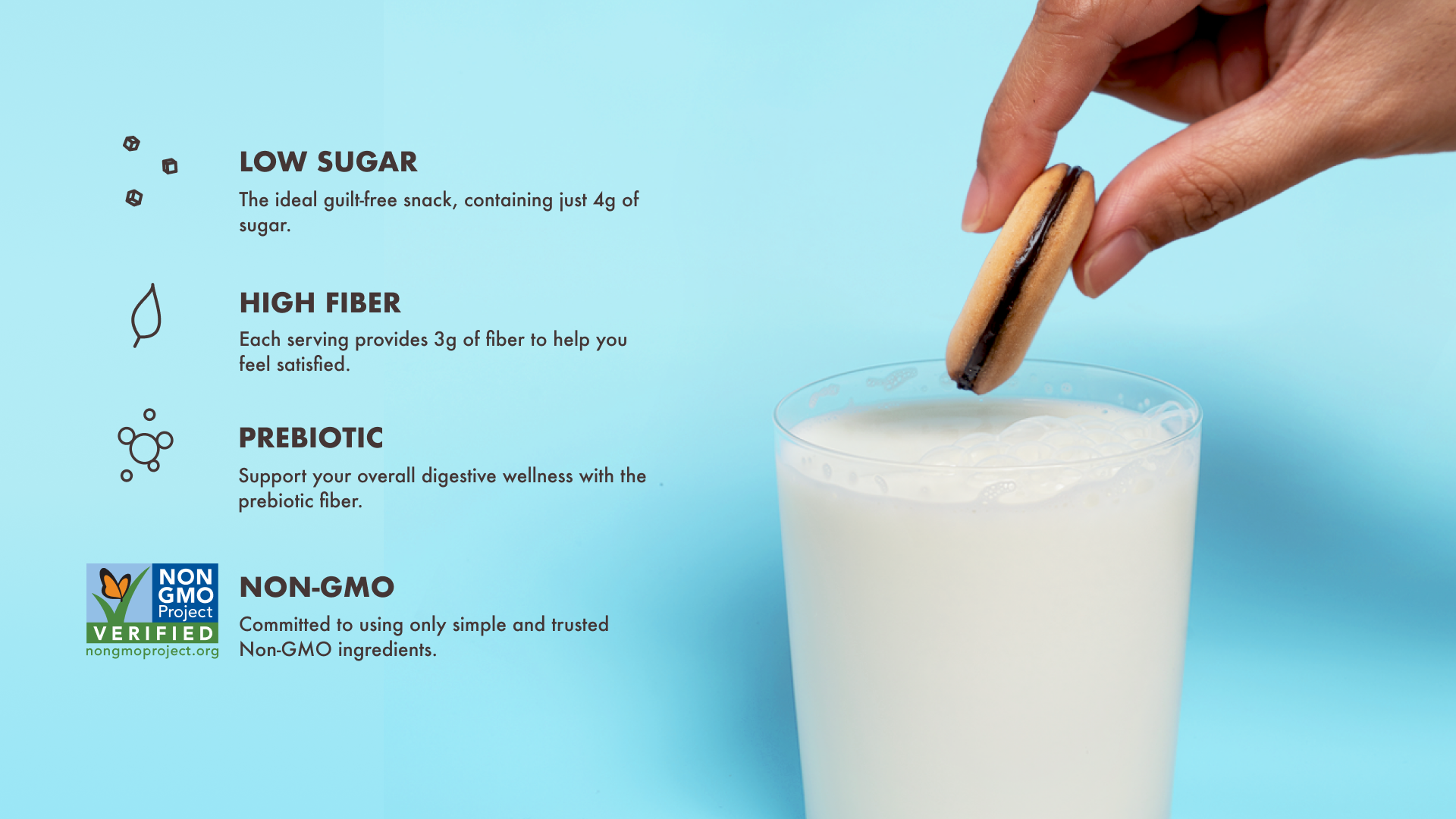 Hand dips cookie into a glass of milk, text highlights product benefits.