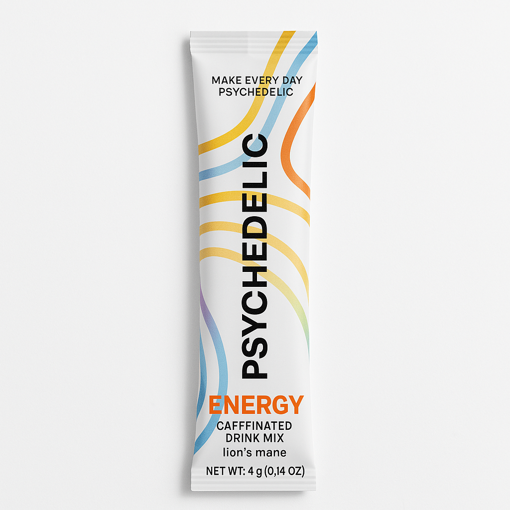Colorful energy drink mix packet labeled 'Psychedelic Energy' with lion's mane.