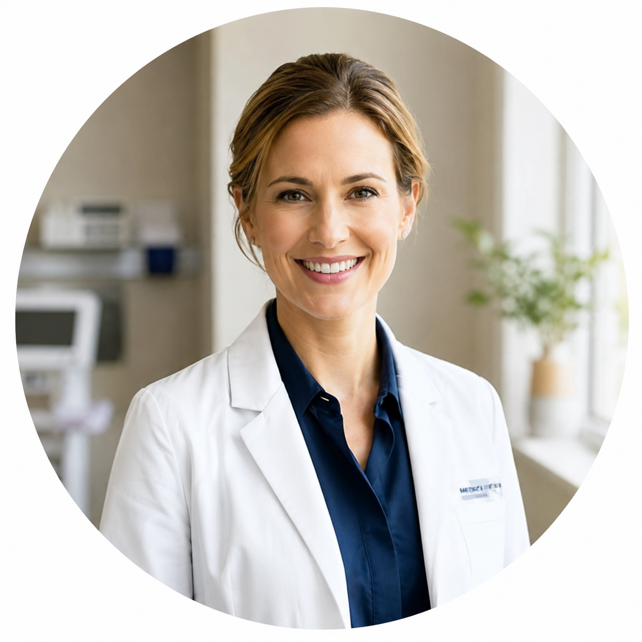 A smiling woman with blonde hair, wearing a dark blue shirt and a white lab coat.