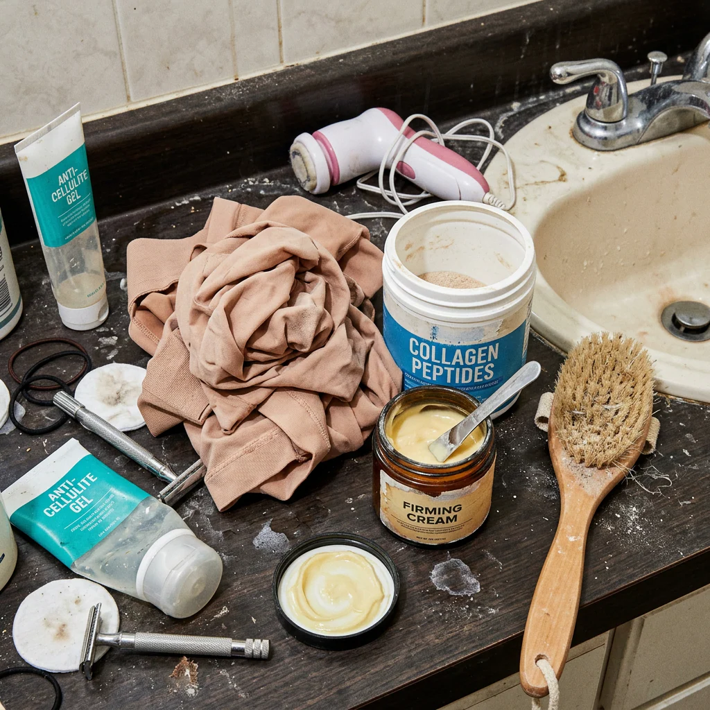 A messy bathroom counter with various skin and body care products like firming cream and anti-cellulite gel.