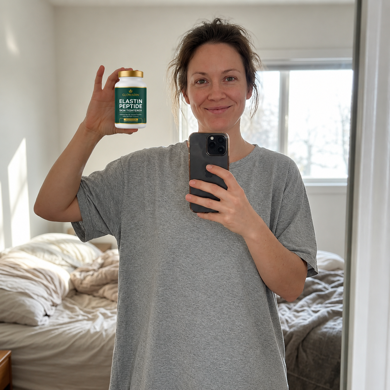A smiling woman in a grey t-shirt takes a mirror selfie holding a bottle of Elastin Peptide supplements.