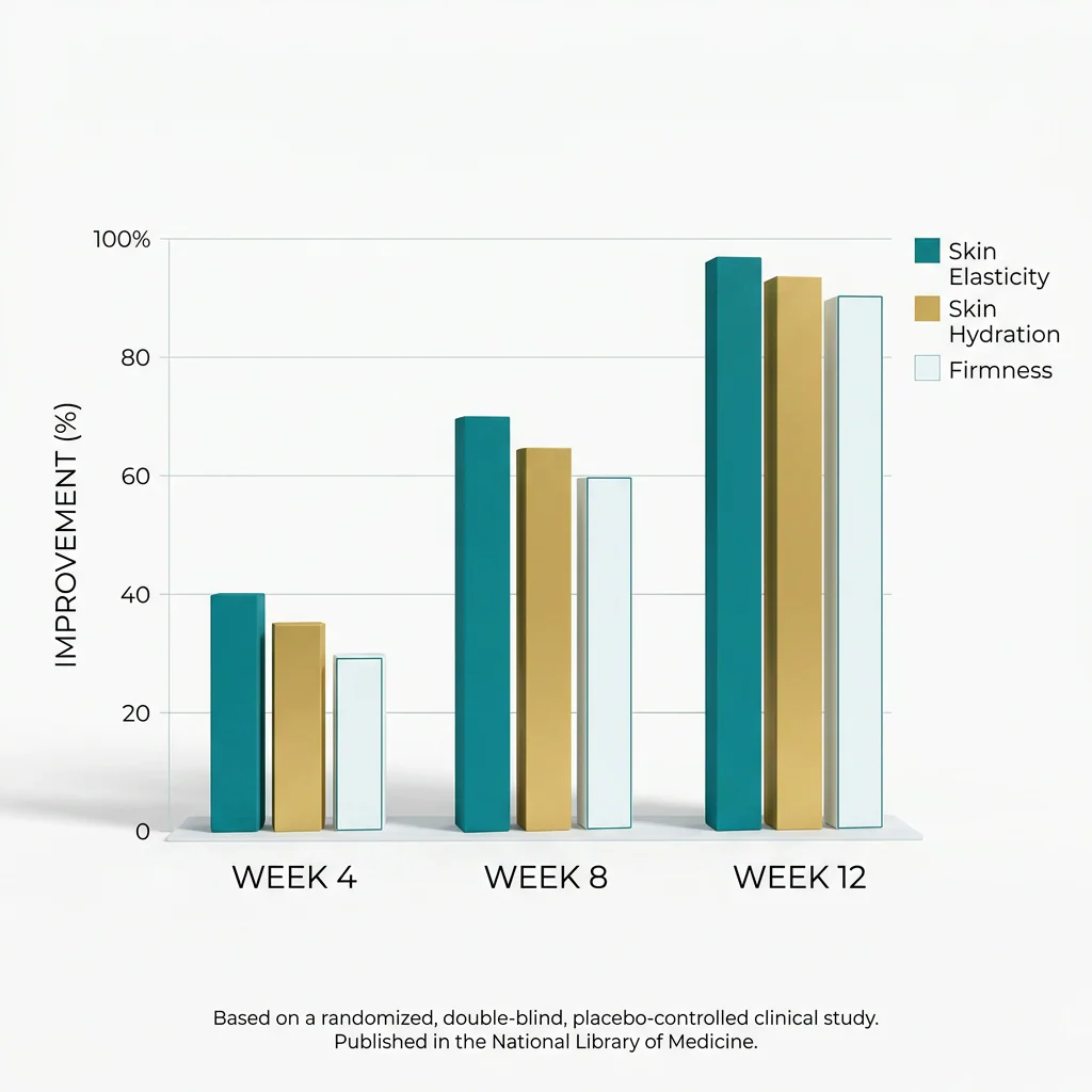 Bar chart showing percentage improvement in skin elasticity, hydration, and firmness at weeks 4, 8, and 12.