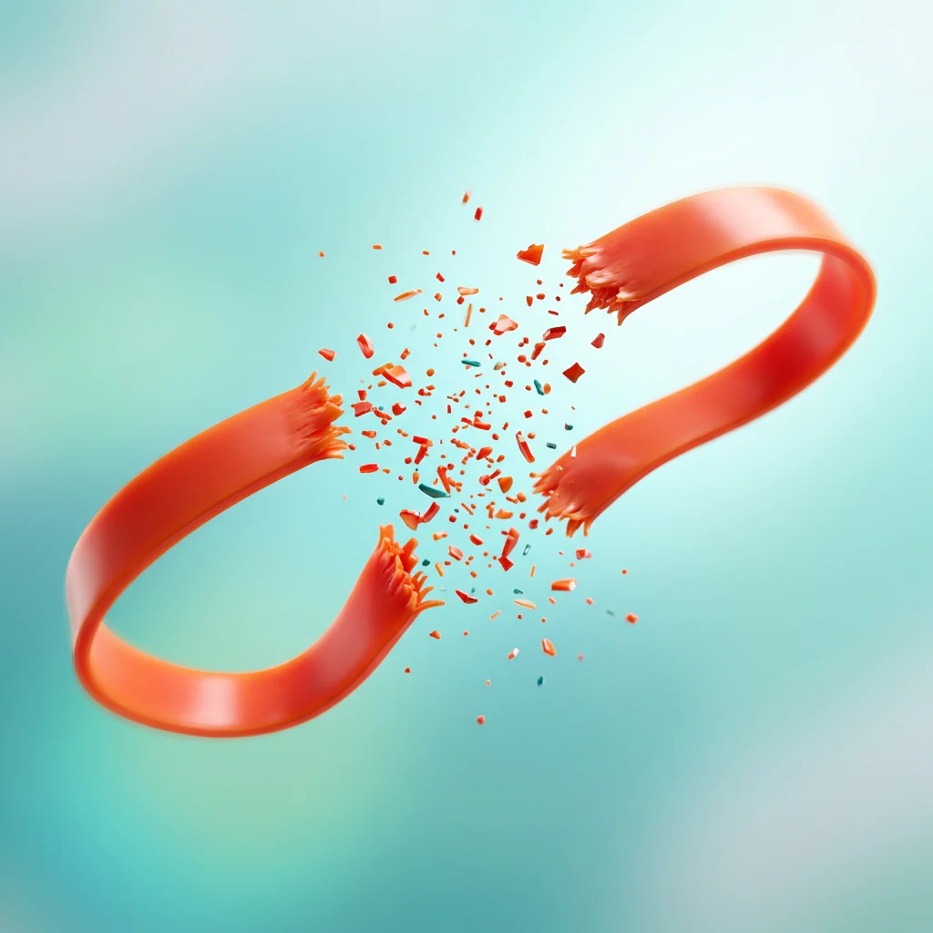 An orange circular band snaps and shatters into tiny fragments against a blue-green gradient background.
