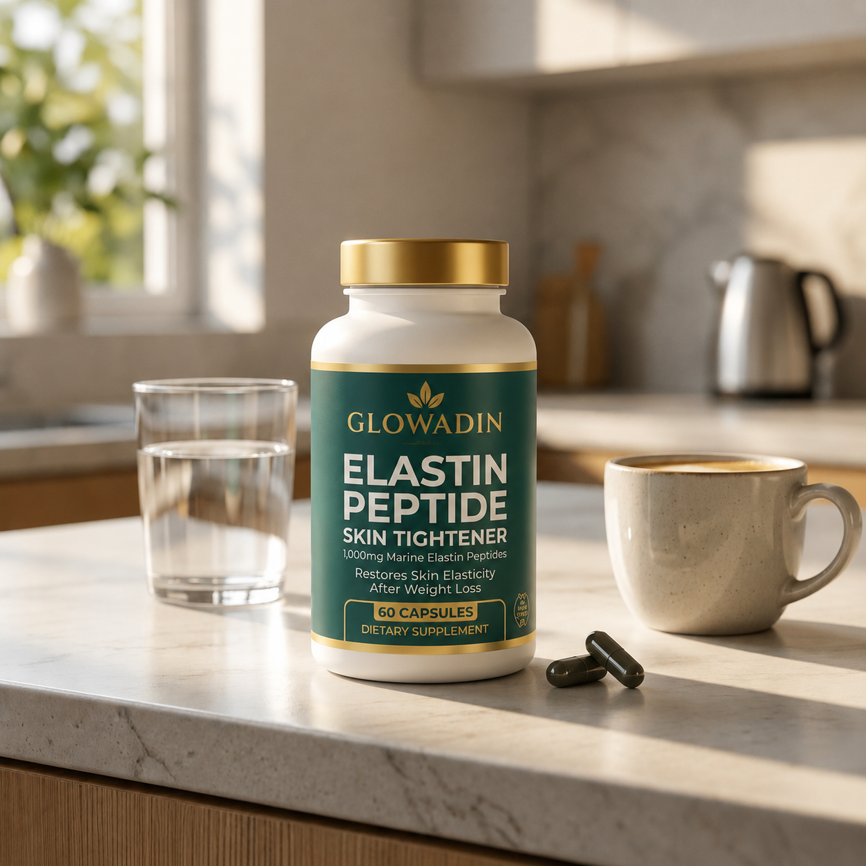 A bottle of Glowadin Elastin Peptide supplements on a kitchen counter with a glass of water and coffee.