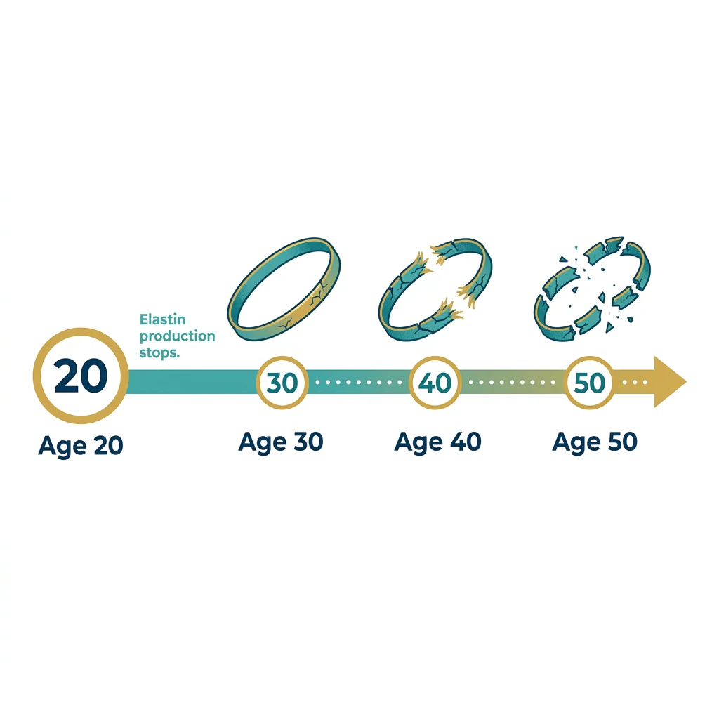An infographic timeline showing a ring, representing elastin, breaking down and shattering from age 20 to 50.