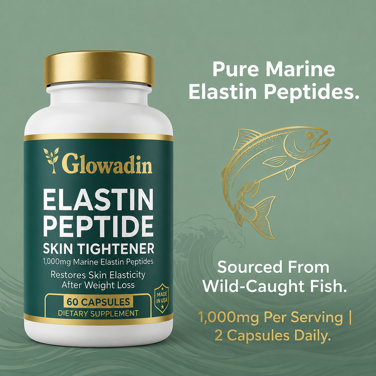 A bottle of Glowadin Elastin Peptide dietary supplement next to a gold illustration of a fish.