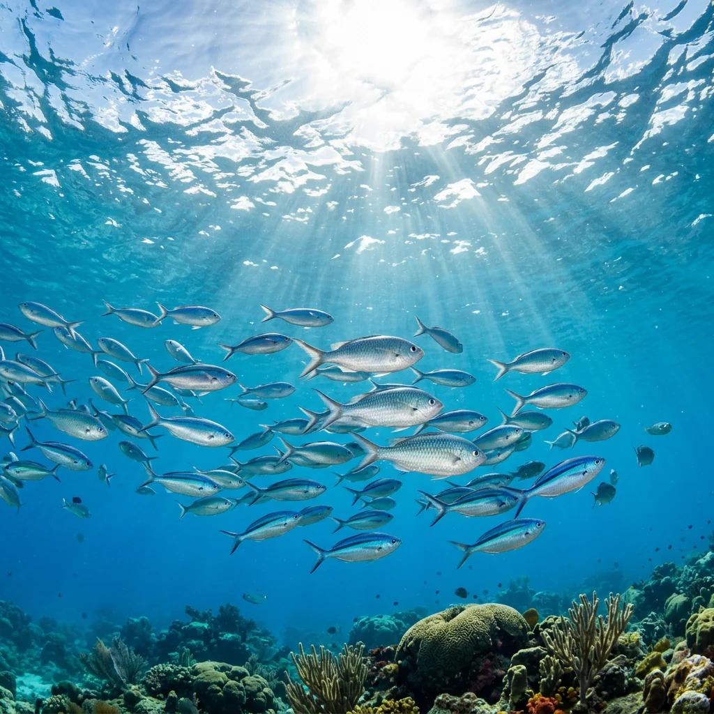 An underwater view of a school of fish swimming above a coral reef with sunlight filtering from the surface.
