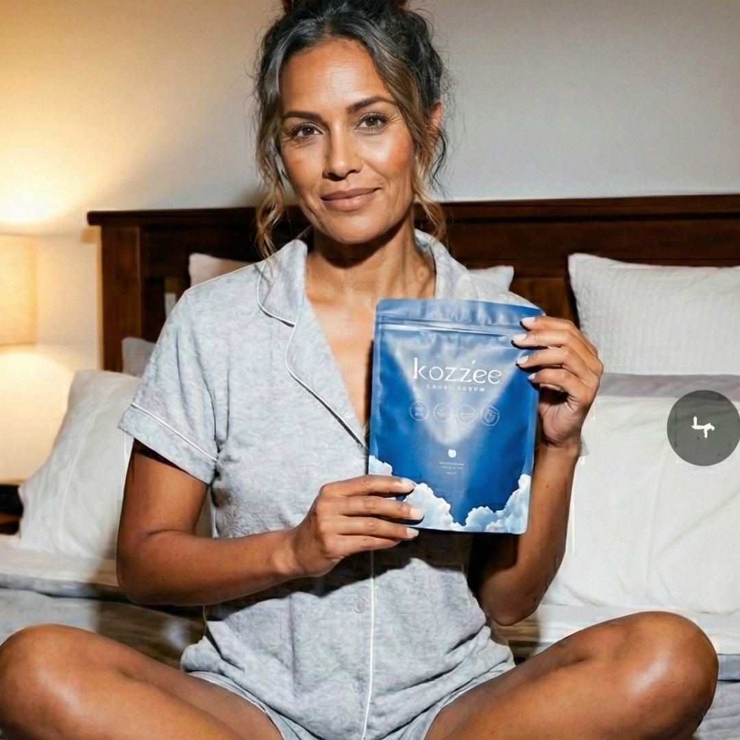 A woman in grey pajamas sits on a bed holding a blue pouch of Kozzee Cloud Brew.