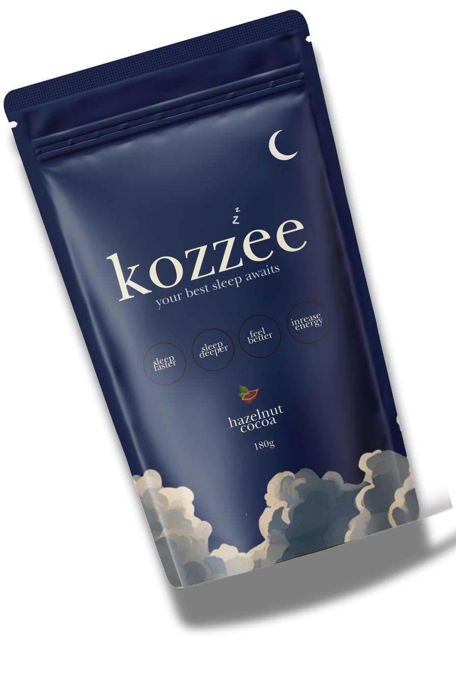 Blue pouch labeled 'kozzee' with clouds and a crescent moon design.