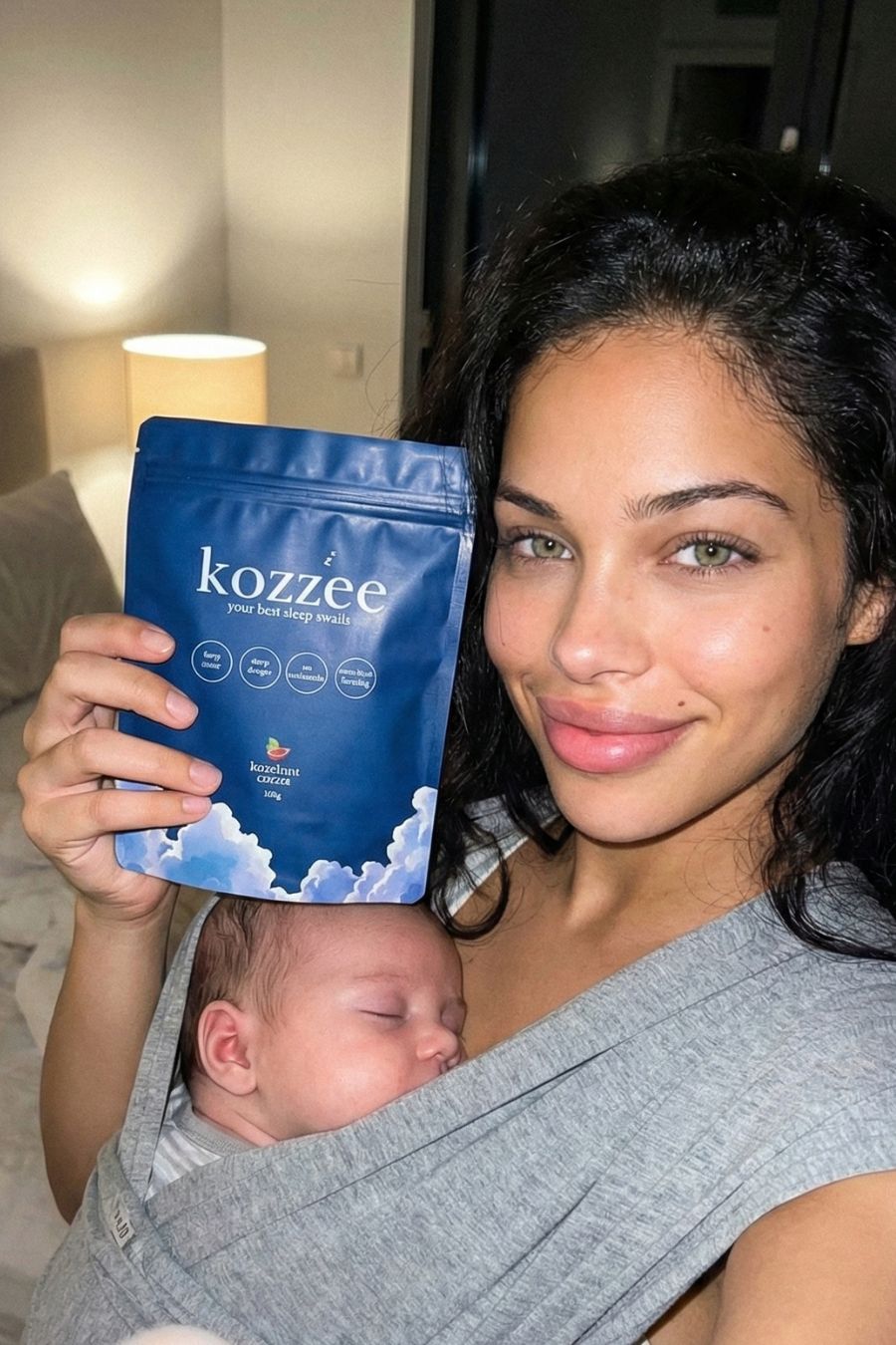 Person holding a blue bag labeled 'kozzee' with a sleeping baby in a carrier.