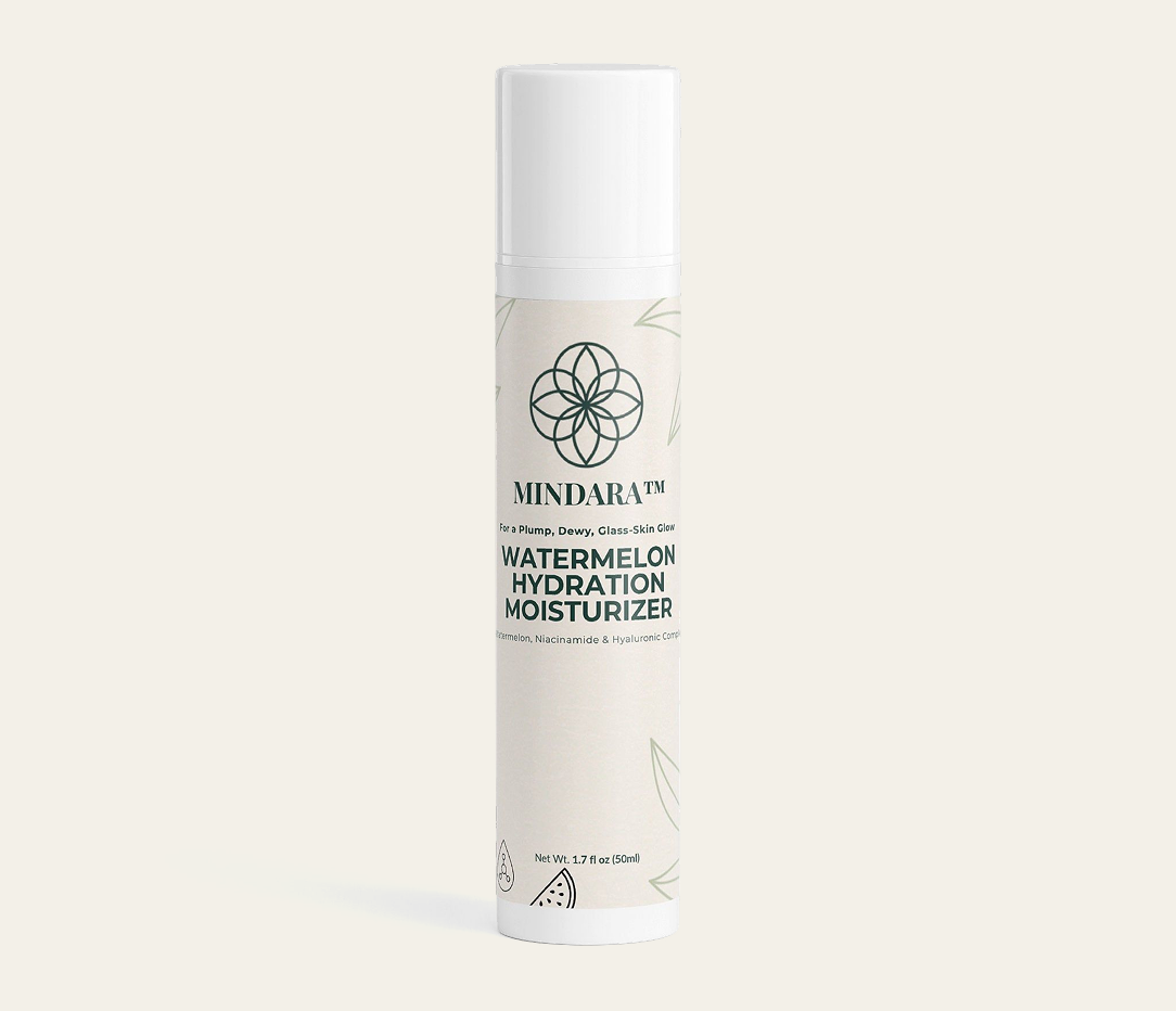 A white pump bottle of Mindara Watermelon Hydration Moisturizer against a plain off-white background.