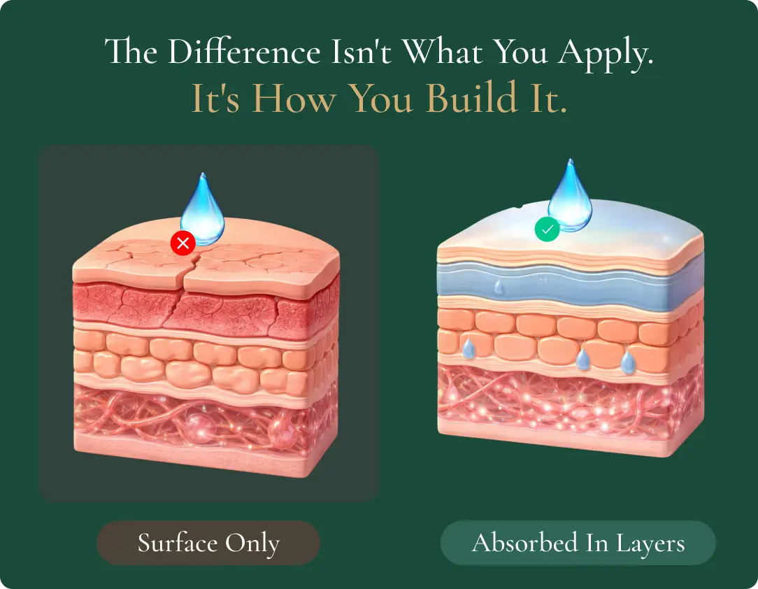An illustration comparing a product sitting on dry skin versus being absorbed into hydrated skin layers.