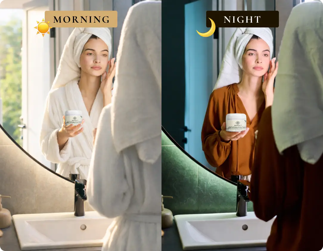 A split image shows a woman applying face cream in a mirror, labeled 'MORNING' and 'NIGHT'.