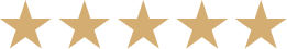 A graphic showing five gold-colored stars in a row on a white background, representing a rating.