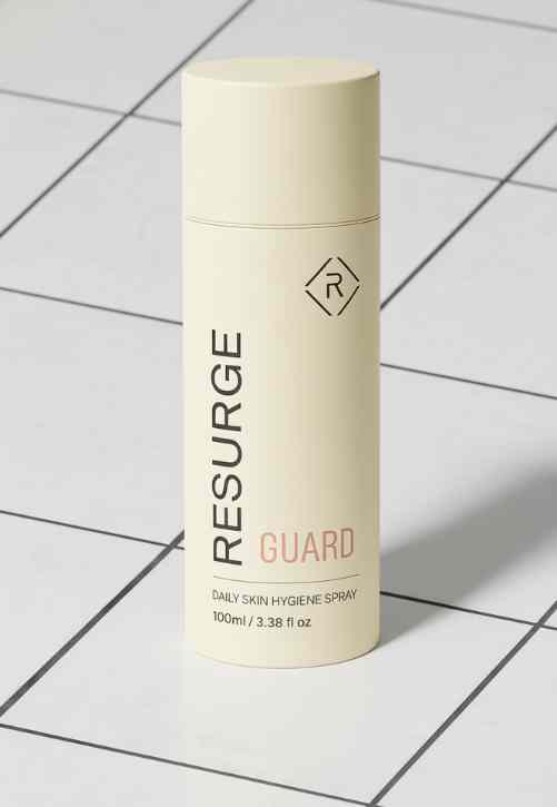 A cylindrical bottle labeled 'Resurge Guard' on a tiled surface.