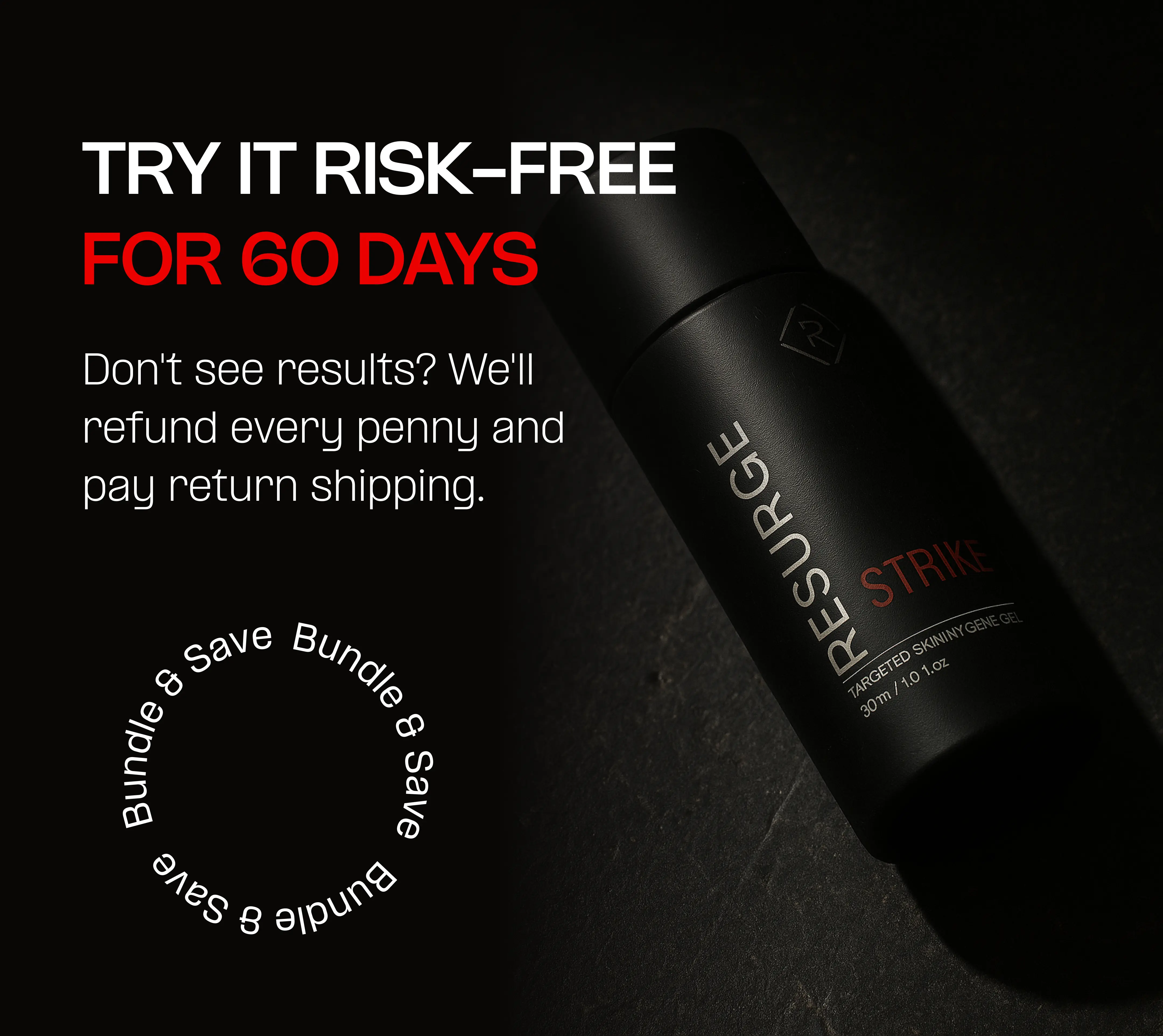 Black bottle of Resurge Strike gel with promotional text.