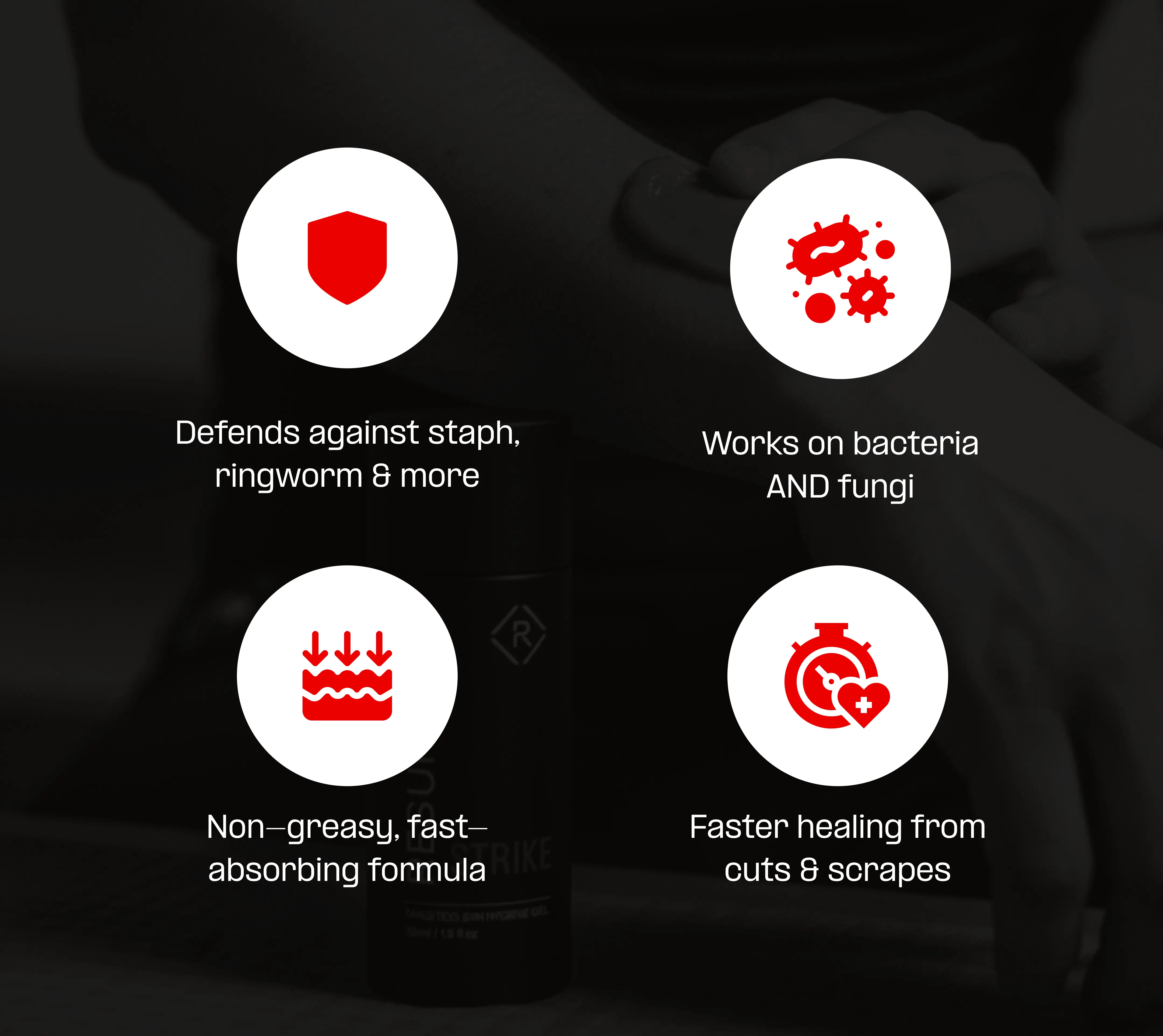 Four icons with text highlighting skincare benefits and features.