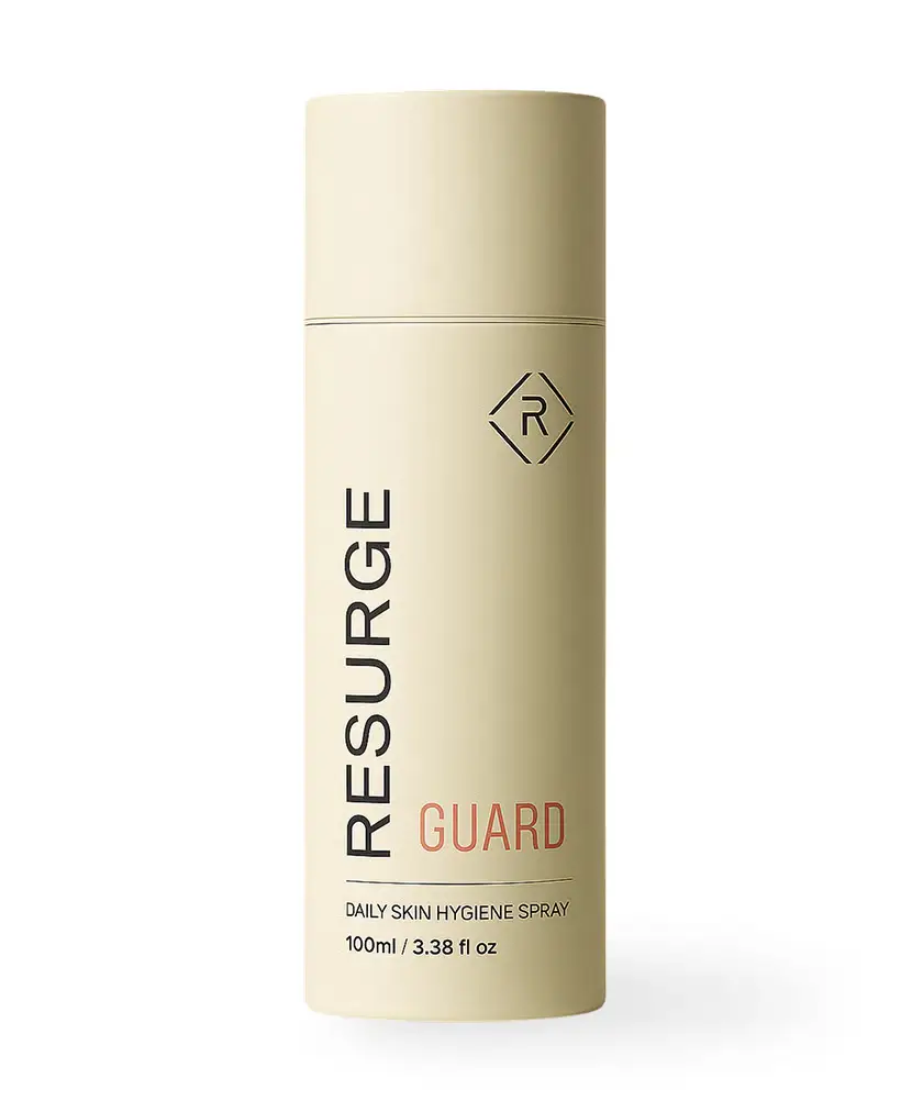 Beige bottle of Resurge Guard daily skin hygiene spray, 100ml.