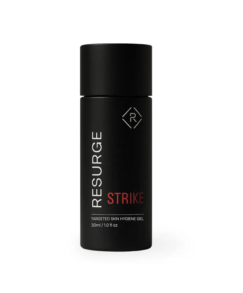 Black bottle of Resurge Strike skin hygiene gel.