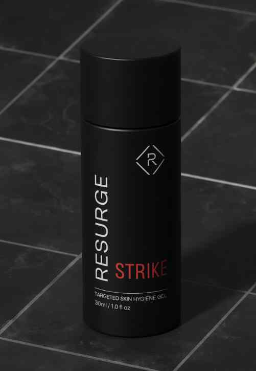 Black cylindrical bottle labeled 'Resurge Strike' against a dark tiled background.