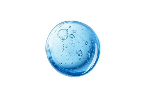 Blue liquid droplet with bubbles inside on a transparent background.