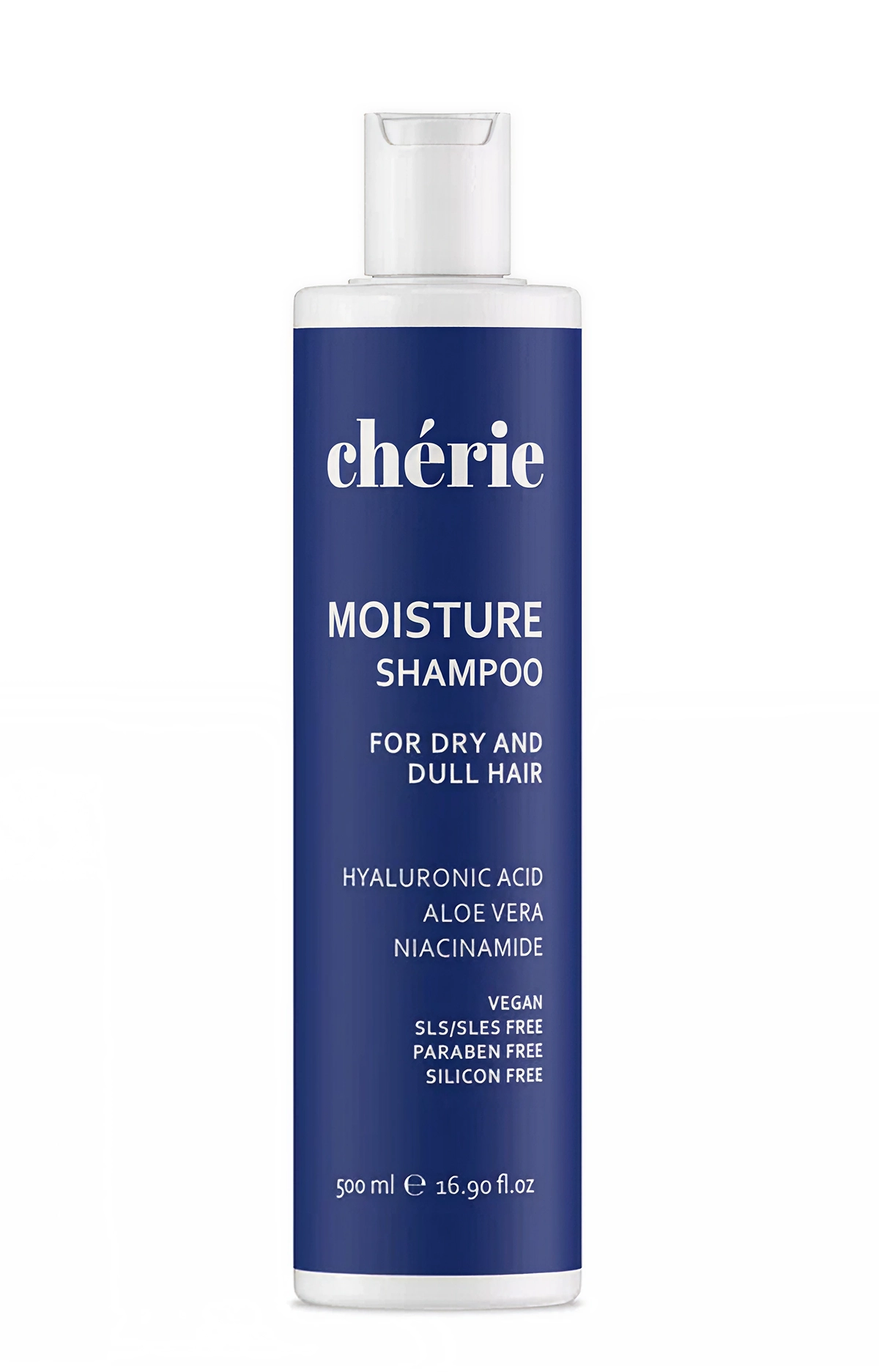 Blue bottle of Chérie Moisture Shampoo for dry hair.