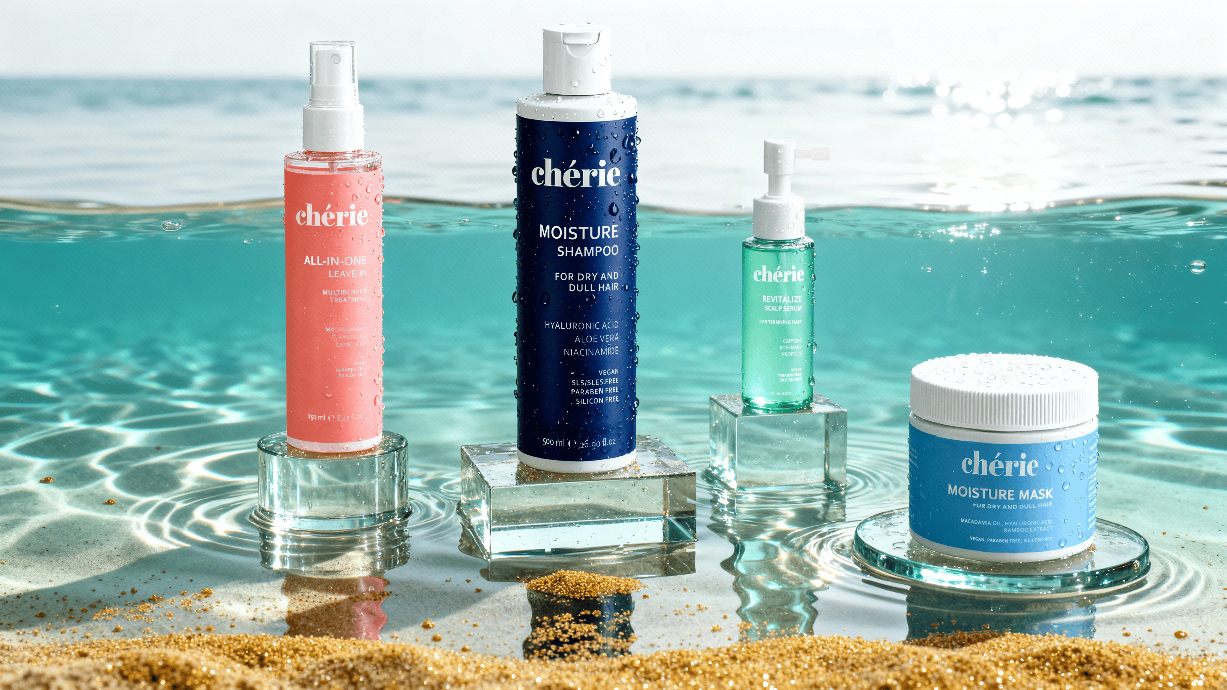 Four skincare products on clear stands in shallow water by the sea.