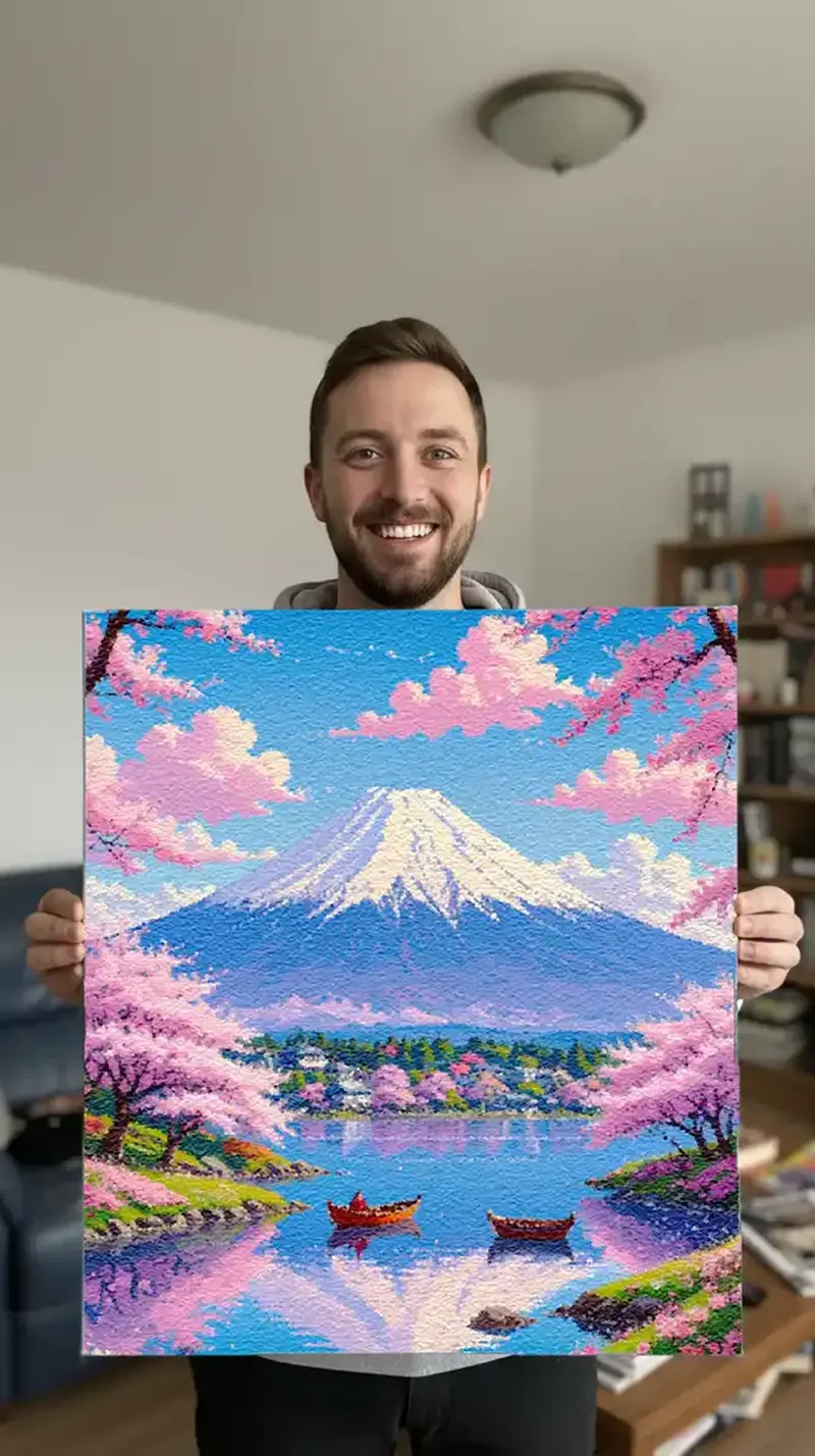 A smiling man holds up a colorful painting of a snow-capped mountain with cherry blossoms and a lake.