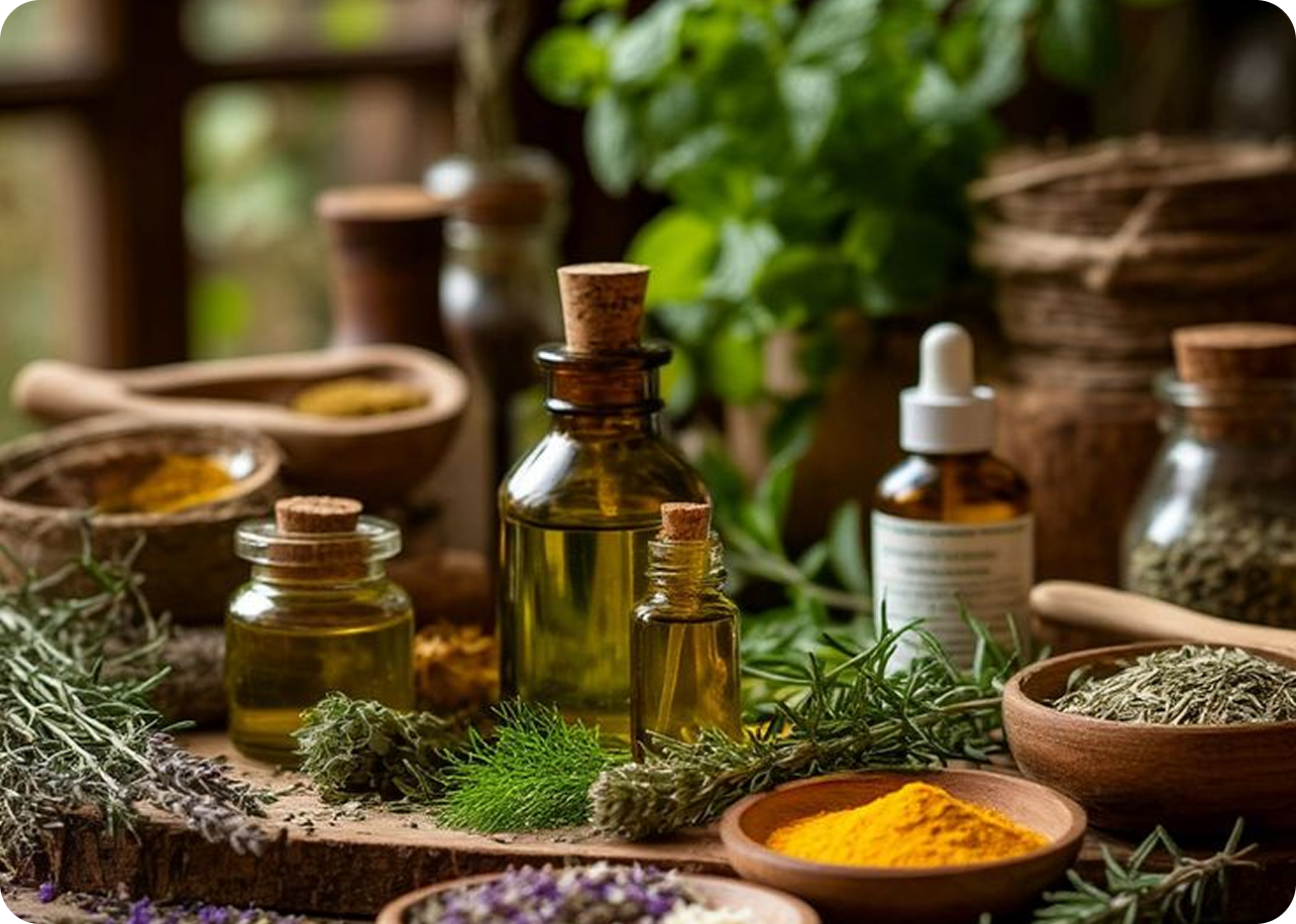 A collection of herbal oils, fresh and dried herbs, and spices arranged on a wooden surface.
