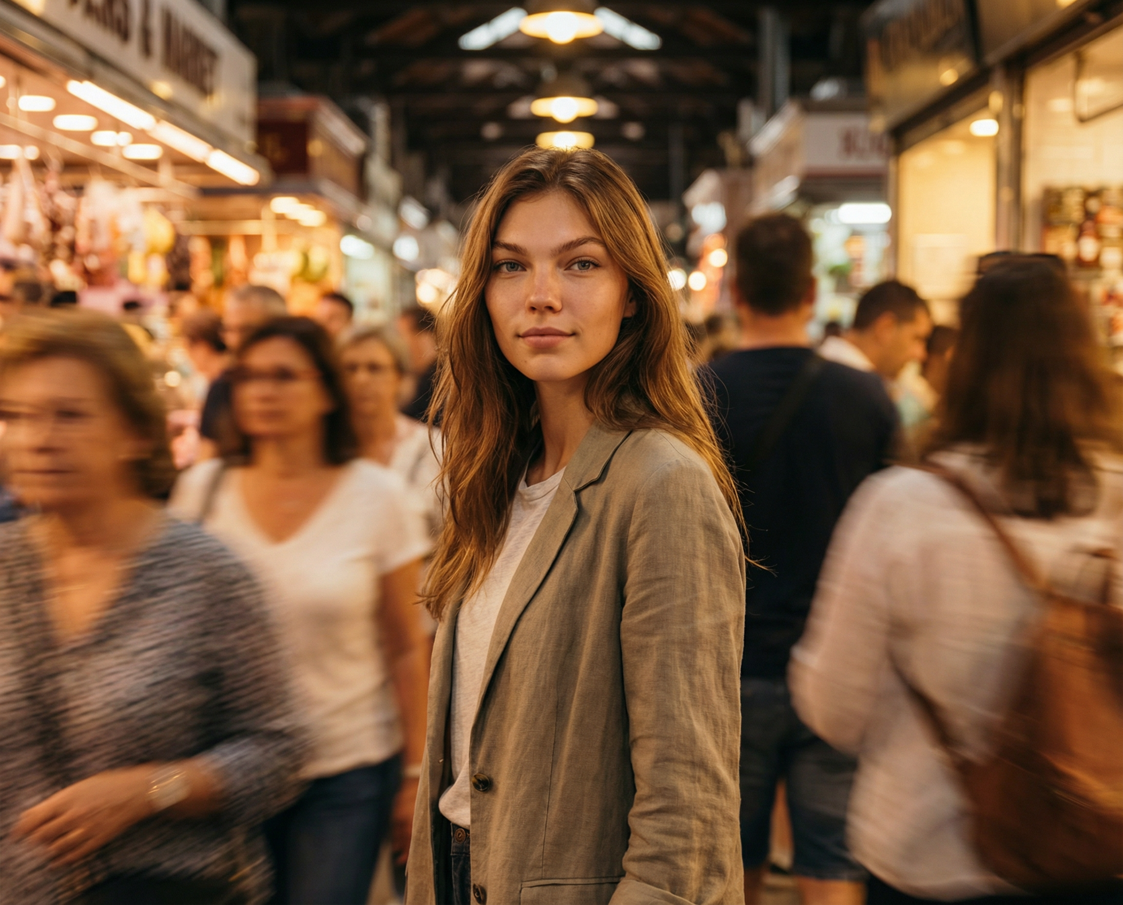 A woman in a beige blazer stands in sharp focus amidst a blurred, crowded indoor market.