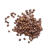 A pile of scattered coffee beans on a white background.