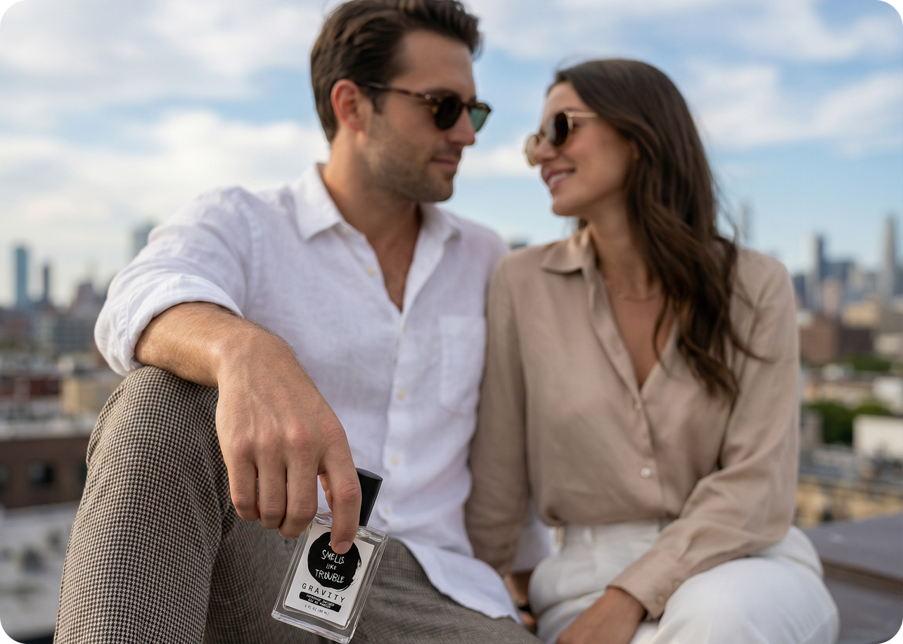 A man holds a bottle of fragrance while sitting with a woman on a city rooftop.