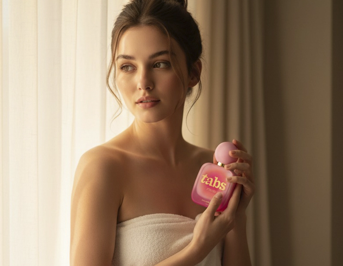 Person in towel holding pink perfume bottle labeled 'tabs.'