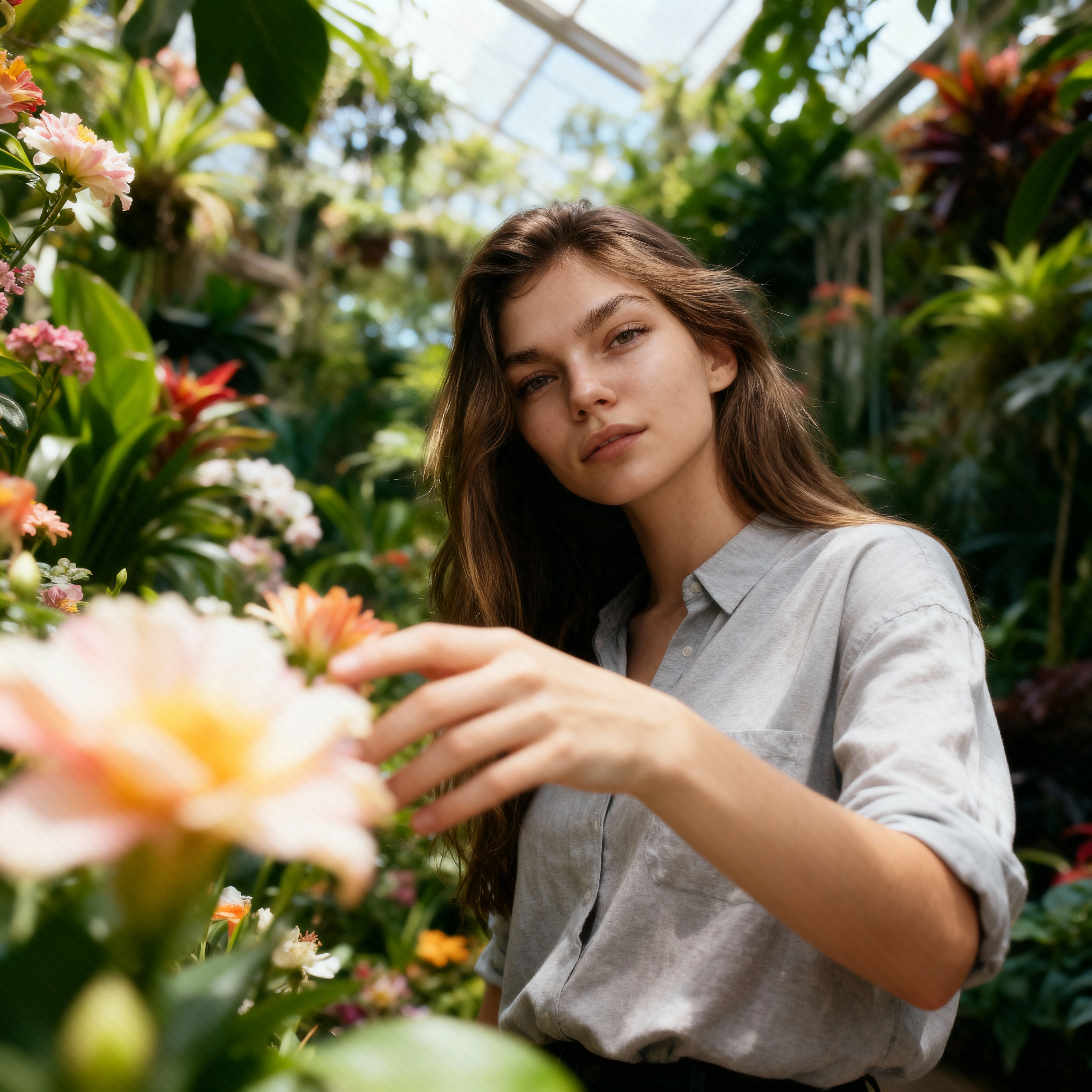 A young woman with long brown hair stands in a greenhouse, looking at the camera and touching a flower.