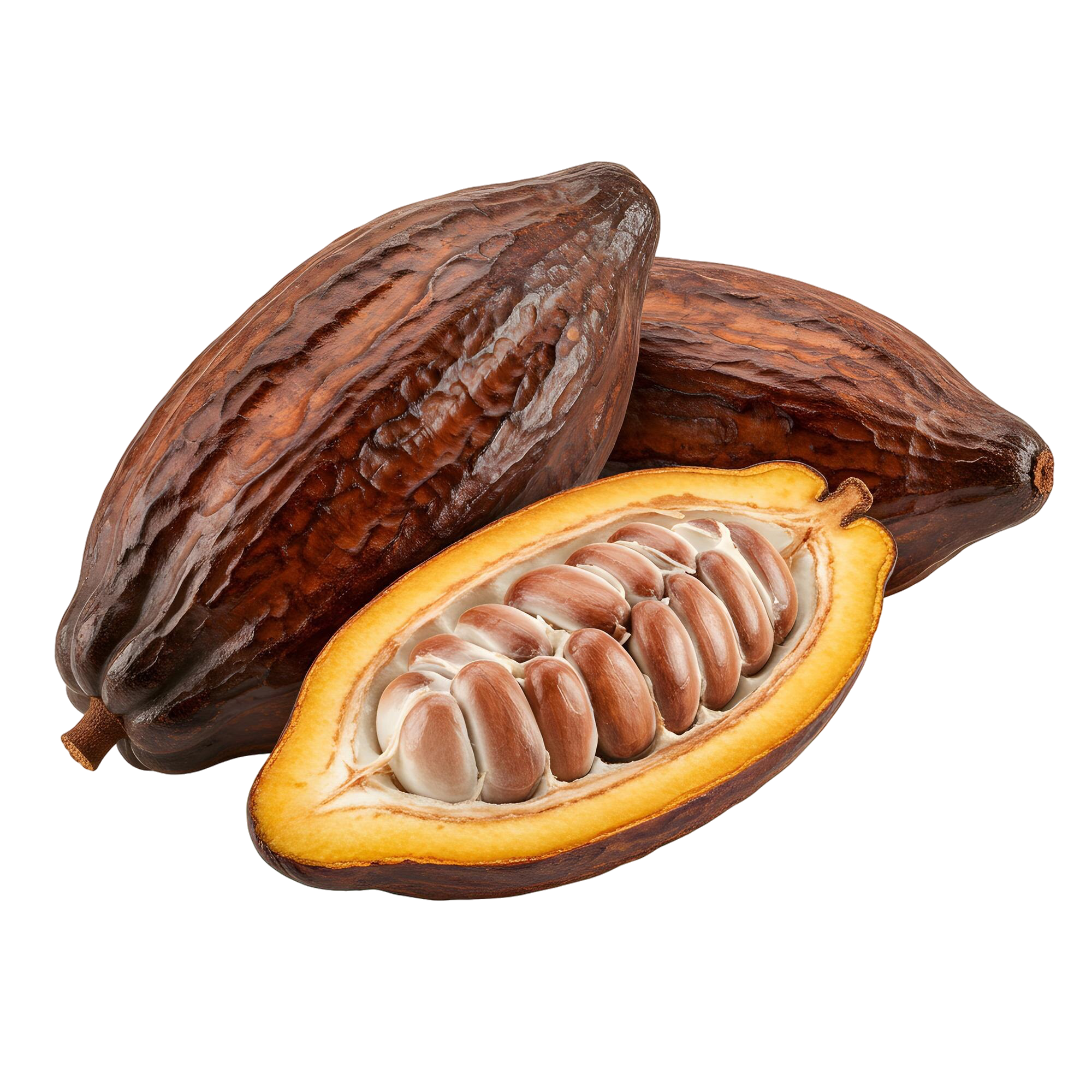 Two whole cacao pods and one sliced in half, revealing the raw beans inside.