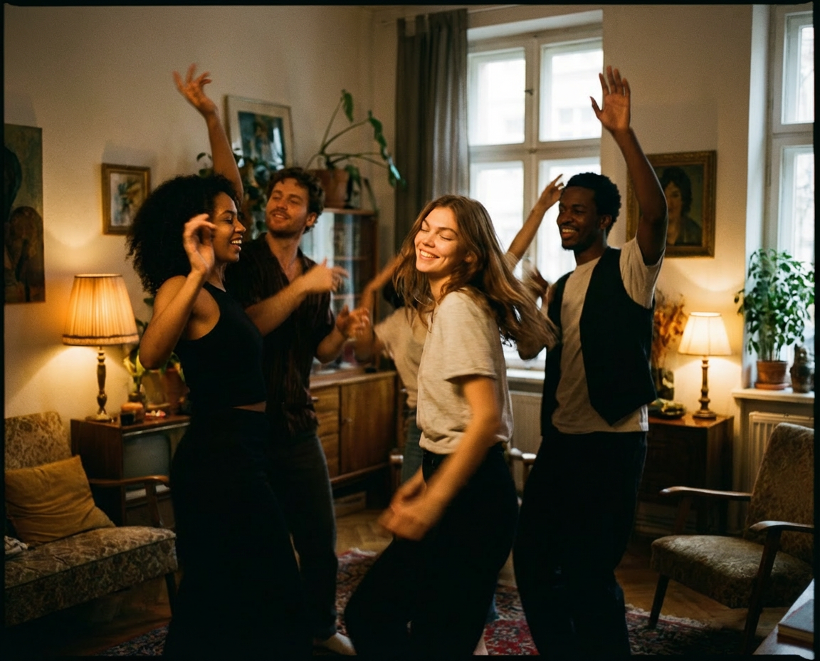 Four diverse friends smiling and dancing together in a warmly lit living room.
