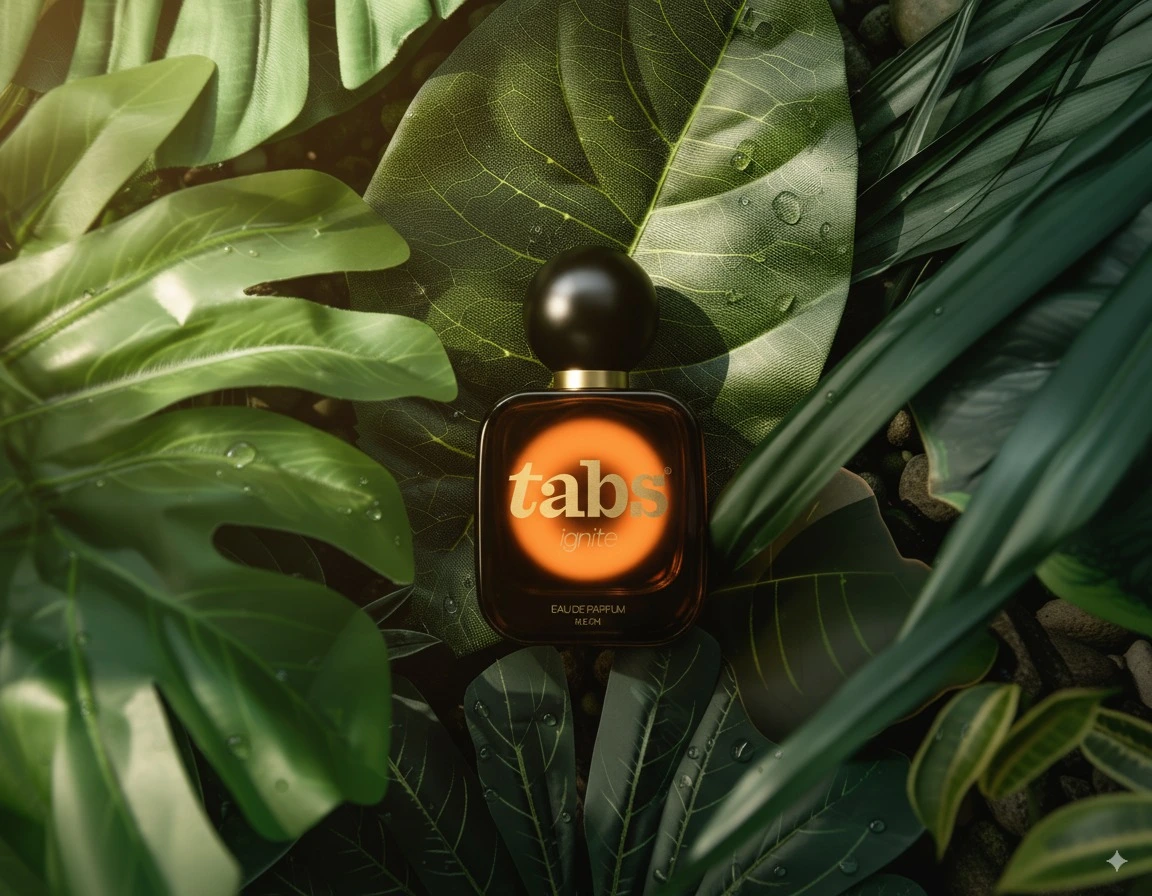 Perfume bottle labeled 'tabs ignite' surrounded by lush green leaves.