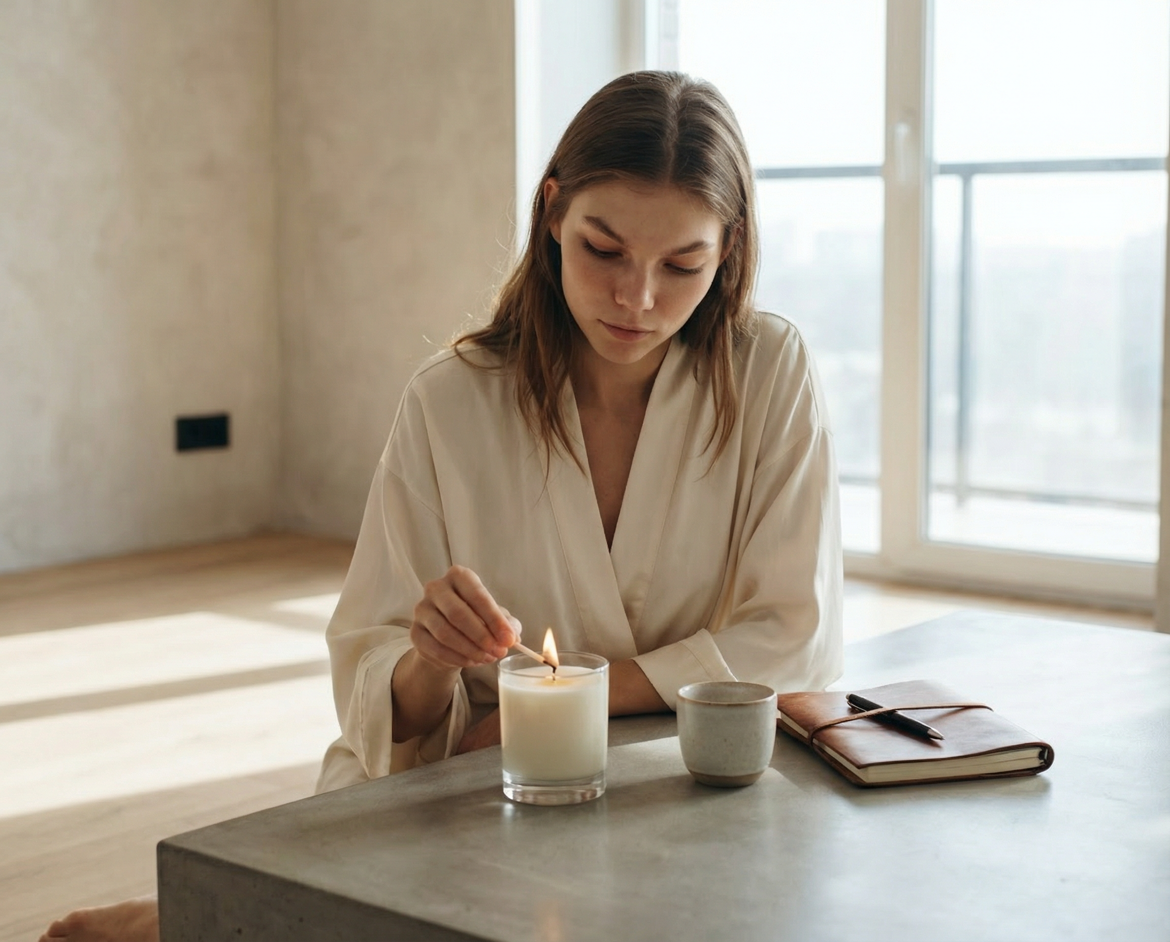 A woman in a light-colored robe sits at a table, lighting a candle with a match.
