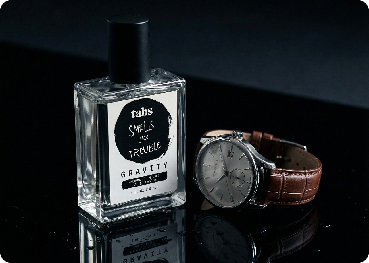 A bottle of Tabs Gravity cologne next to a watch with a brown leather strap on a black surface.