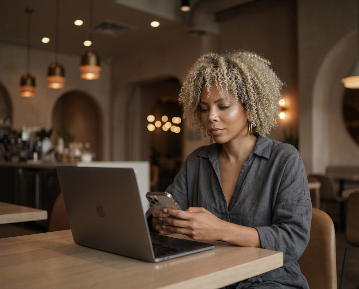 A woman with curly hair sits at a table in a cafe, looking at her phone with a laptop open.