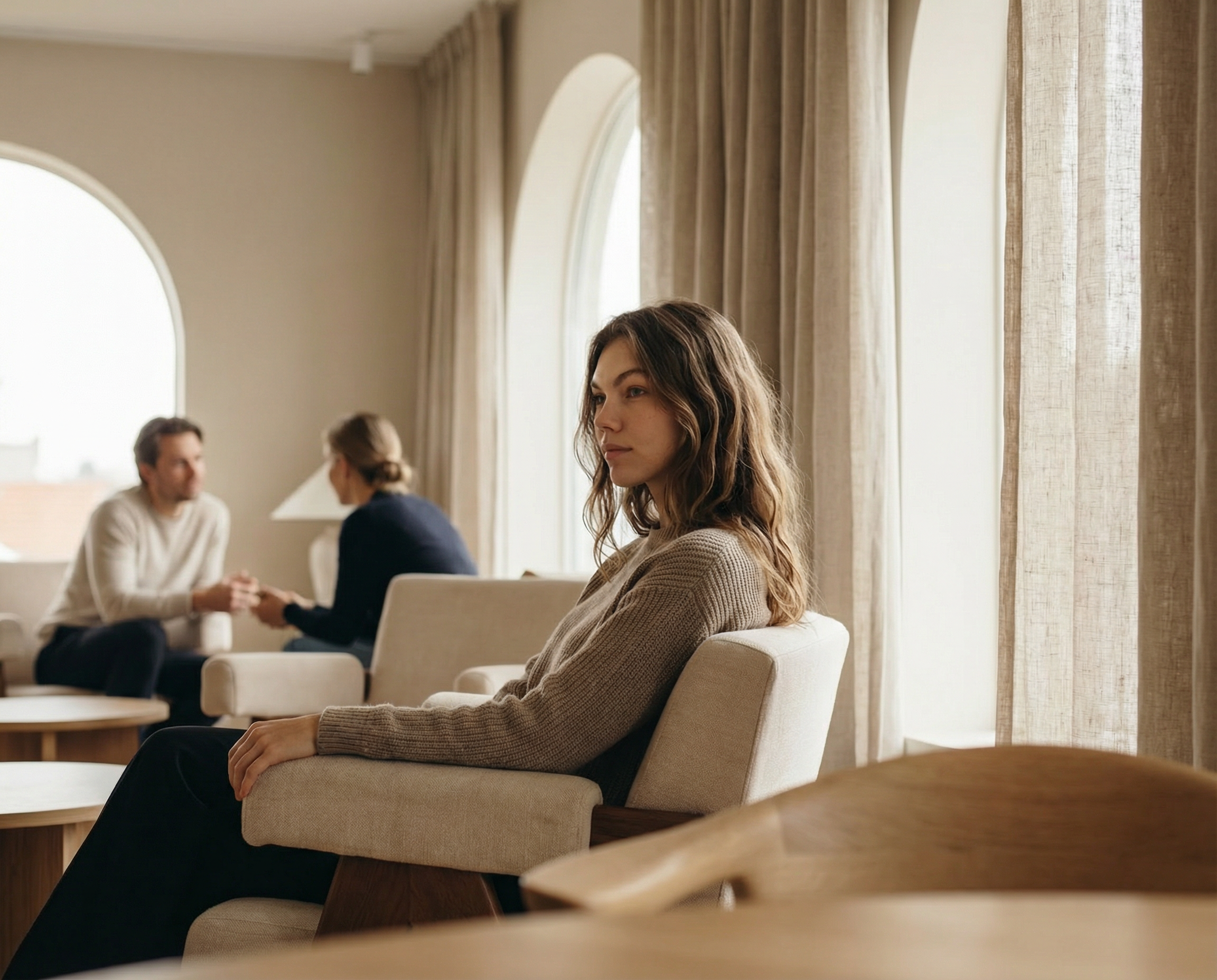 A woman sits in a chair looking away, while two people talk in the background.